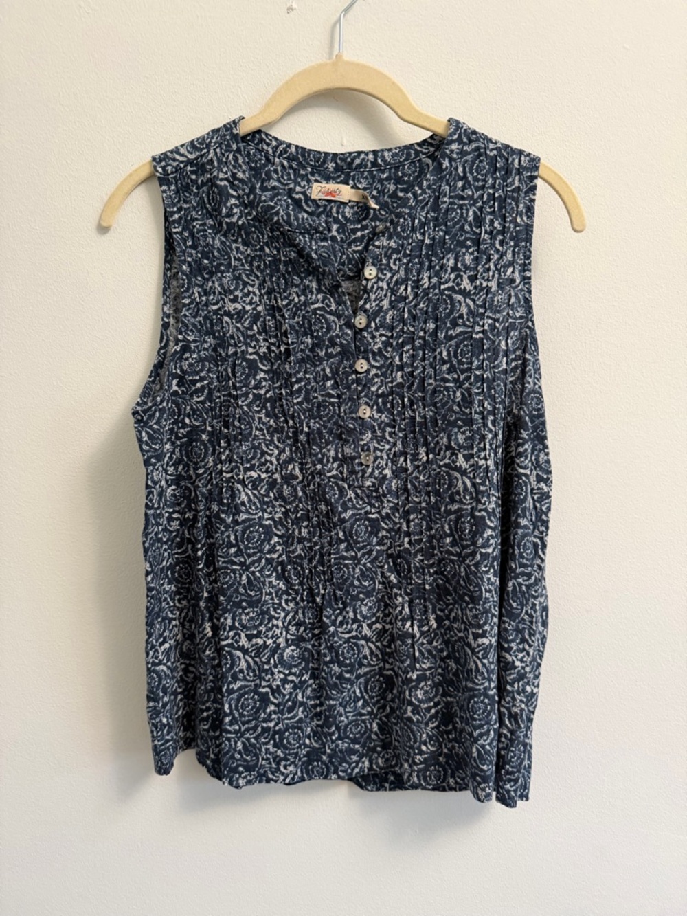 Faherty Womens M Floral Isha Linen Pintuck Tank Top in Blue Floral